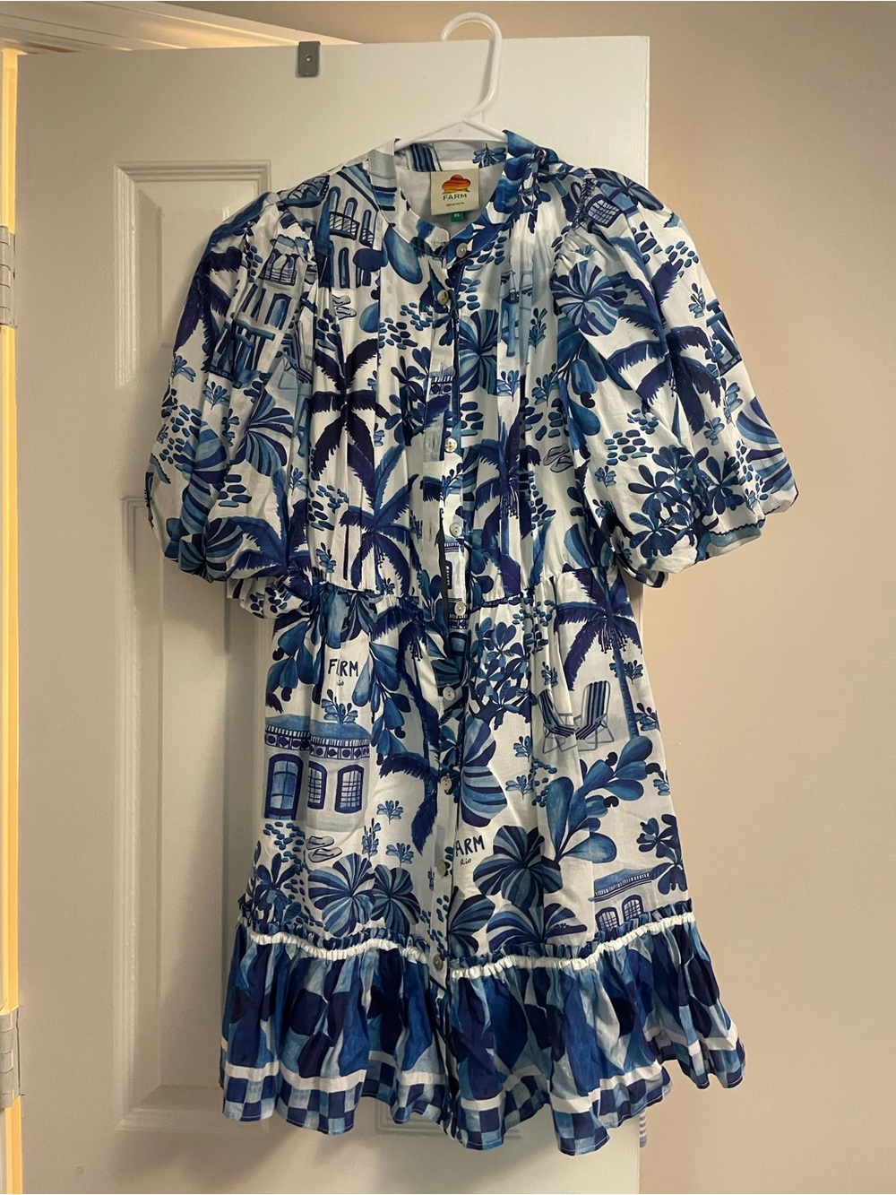 FARM Rio Blue and White Tropical Printed Puff-Sleeve Mini Dress - Picture 2 of 2